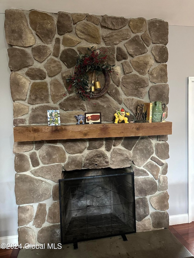 room details with wood-type flooring and a fireplace