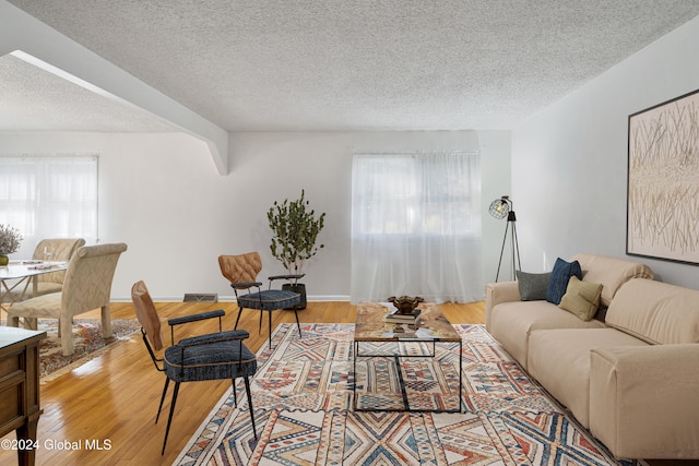 living room featuring beam ceiling, a wealth of natural light, a textured ceiling, and light wood-type flooring