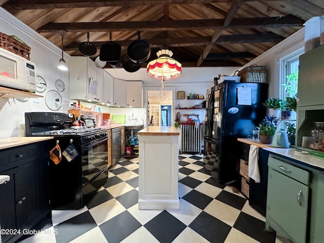 kitchen with white cabinetry, black appliances, wooden ceiling, and pendant lighting