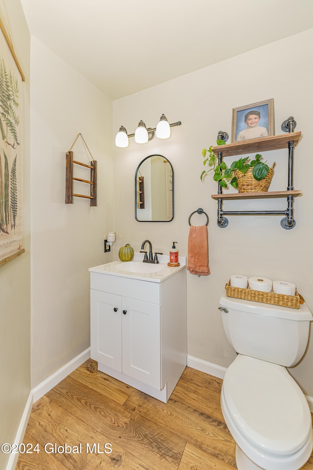 bathroom with vanity, hardwood / wood-style floors, and toilet