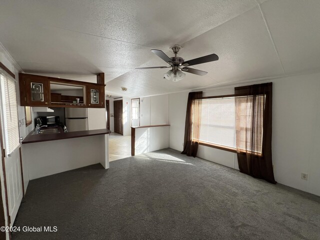 66 Plains Rd, Jackson, NY 12816 - unfurnished living room featuring ceiling fan, a sink, a textured ceiling, carpet, and lofted ceiling