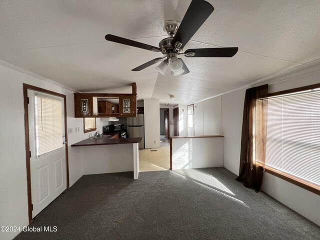 66 Plains Rd, Jackson, NY 12816 - interior space featuring carpet floors, ornamental molding, lofted ceiling, a textured ceiling, and a ceiling fan