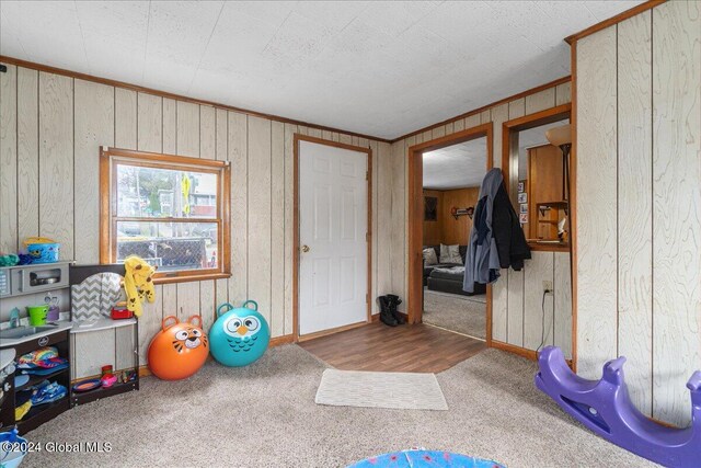 game room featuring carpet and wooden walls