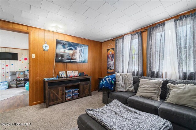 carpeted living room featuring wooden walls