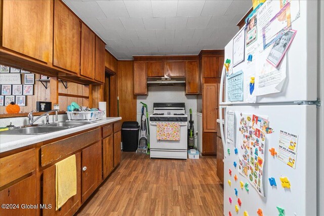 kitchen featuring sink, white appliances, wood-type flooring, and exhaust hood