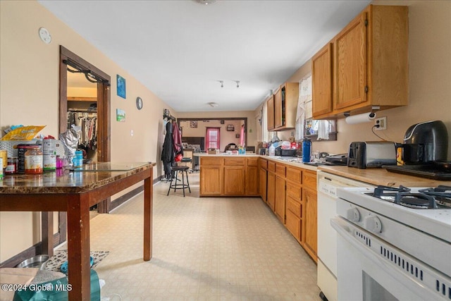 kitchen featuring kitchen peninsula and white gas range