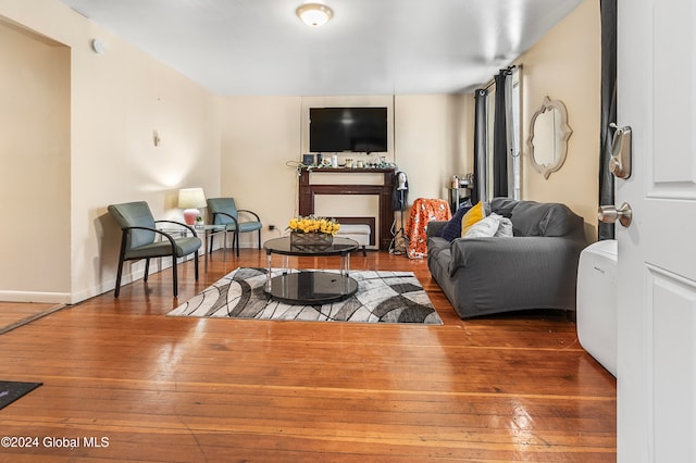 living room with dark hardwood / wood-style flooring