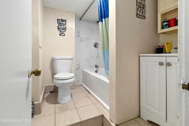 bathroom featuring shower / bath combination with curtain, toilet, and tile patterned floors