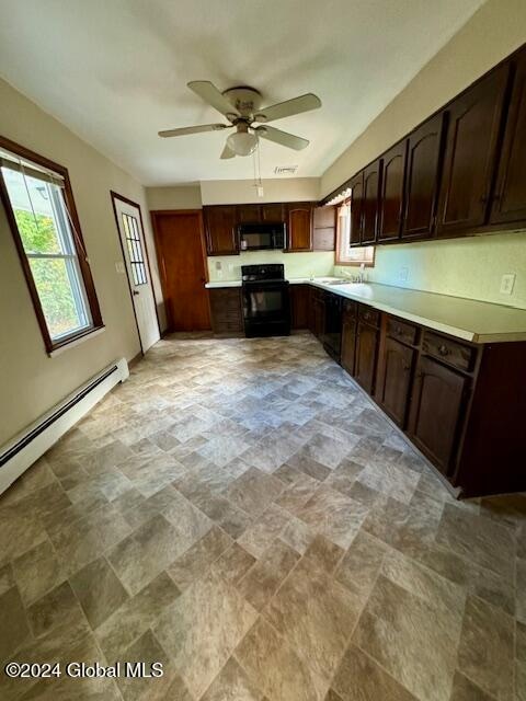 kitchen featuring ceiling fan, black appliances, and dark brown cabinetry