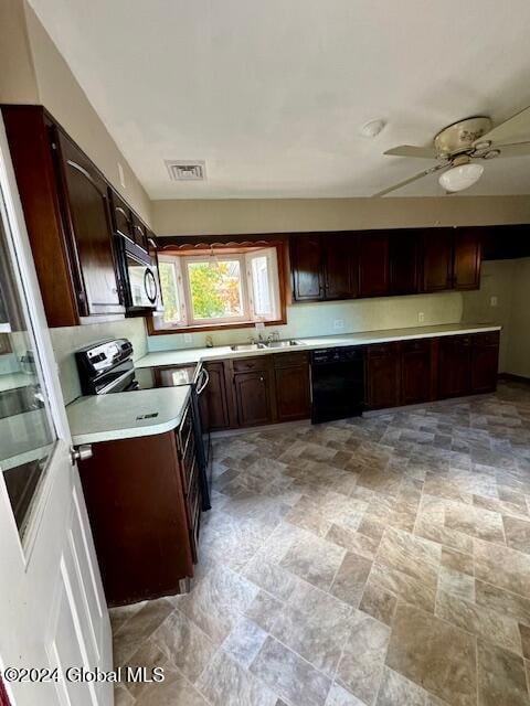 kitchen featuring black dishwasher, electric range oven, dark brown cabinets, and ceiling fan