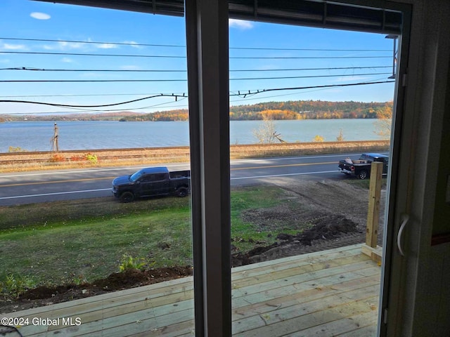 interior space featuring a water view