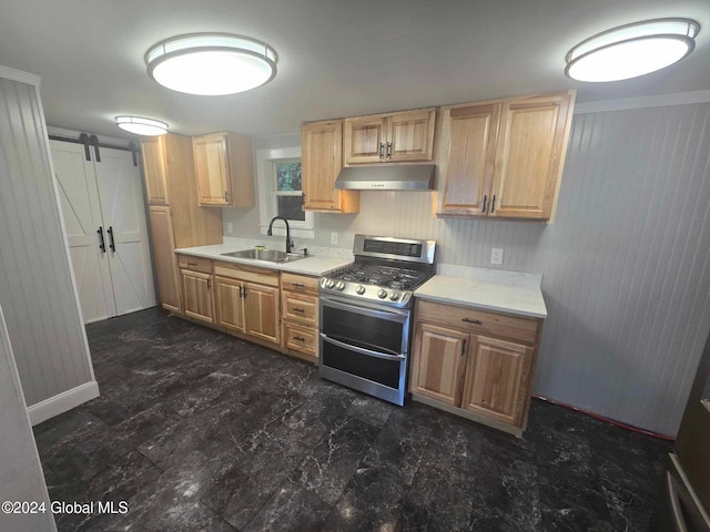 kitchen with ornamental molding, stainless steel range, a barn door, and sink