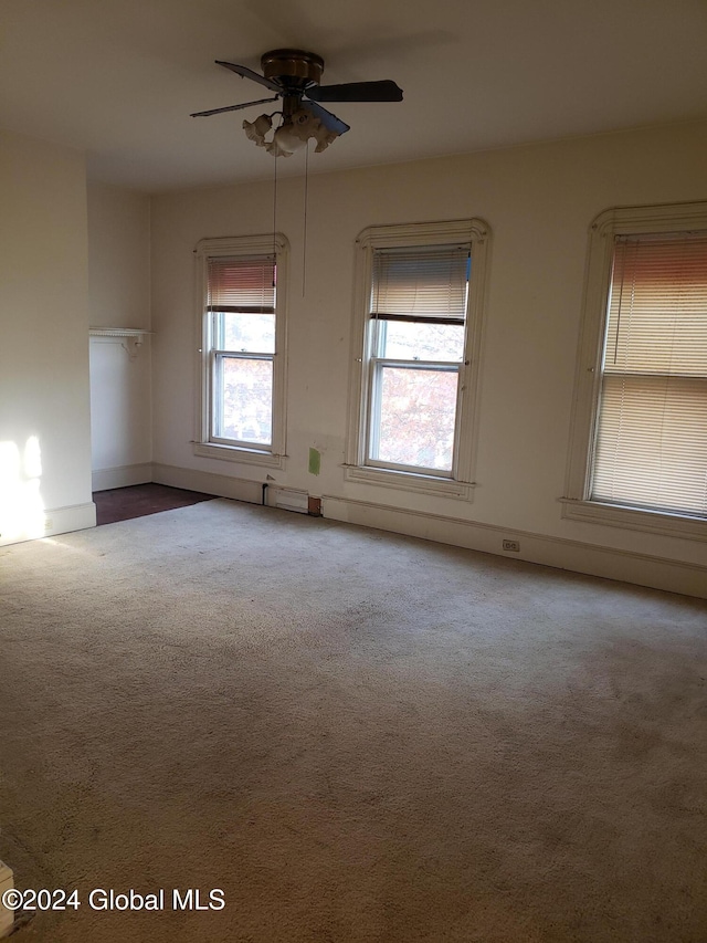 empty room with carpet flooring and ceiling fan