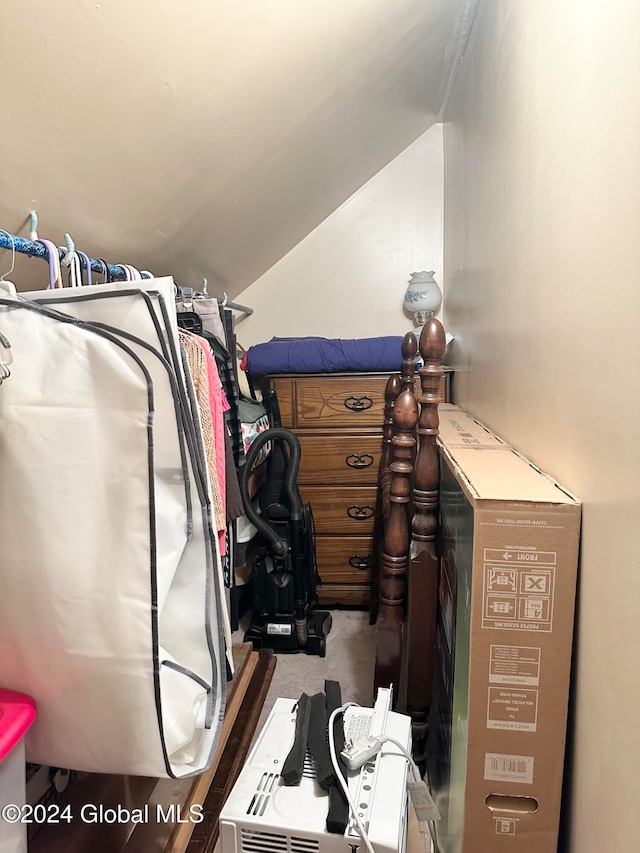 walk in closet featuring vaulted ceiling