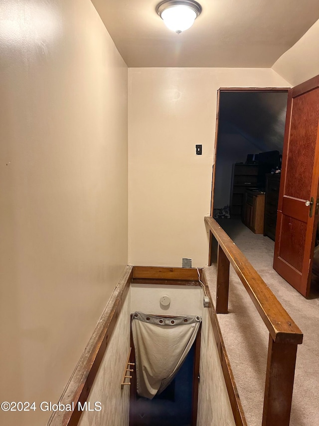 stairway with lofted ceiling and carpet