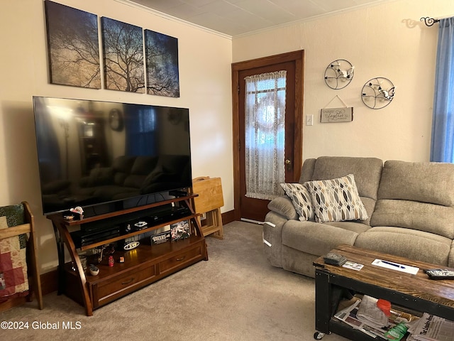 living room featuring crown molding and carpet flooring