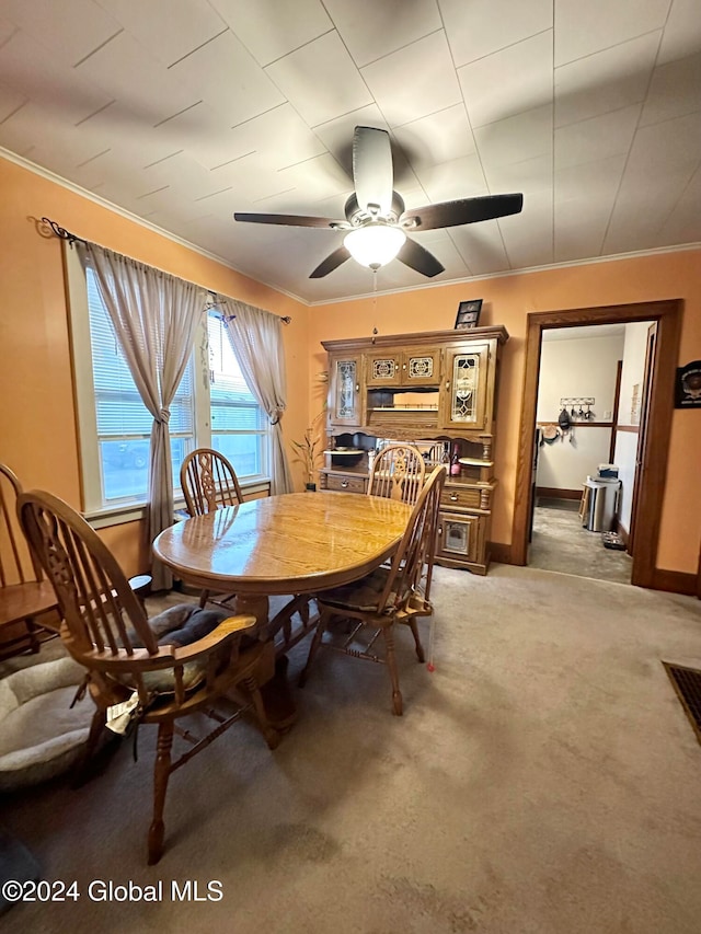 dining room featuring ornamental molding, ceiling fan, and carpet