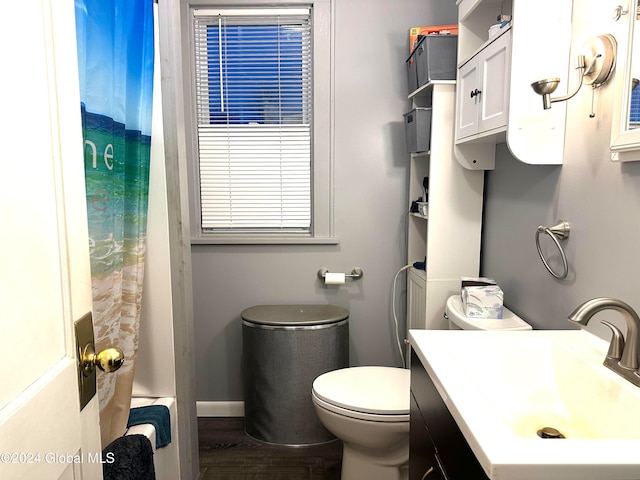 bathroom with vanity, curtained shower, wood-type flooring, and toilet