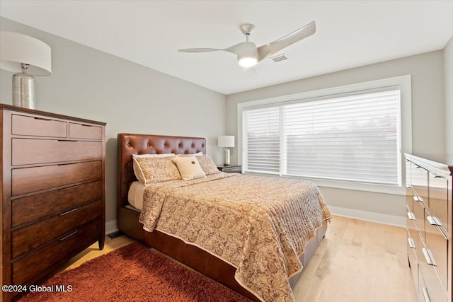 bedroom featuring ceiling fan and light wood-type flooring