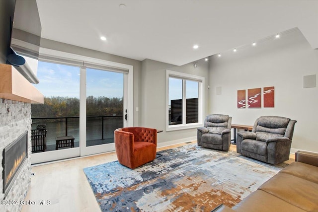 living room featuring hardwood / wood-style flooring and a stone fireplace