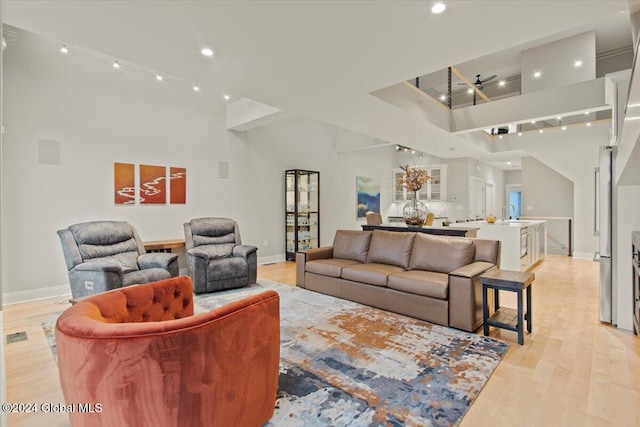 living room featuring ceiling fan and light wood-type flooring