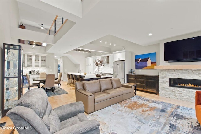 living room featuring a fireplace and light hardwood / wood-style flooring