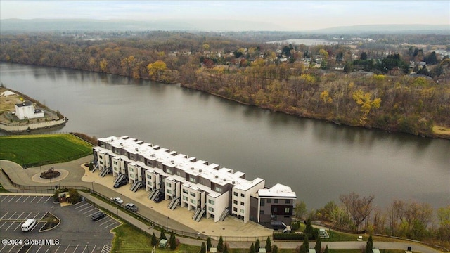 drone / aerial view with a water view