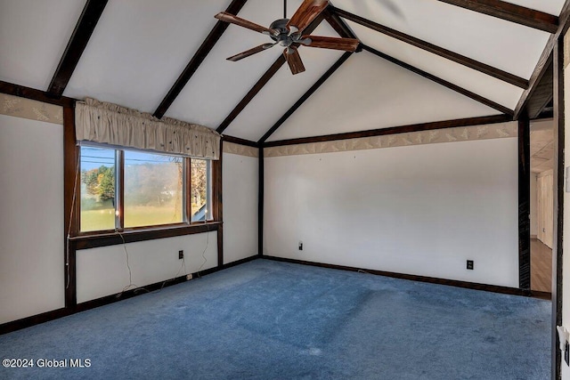 spare room featuring beamed ceiling, carpet, high vaulted ceiling, and ceiling fan