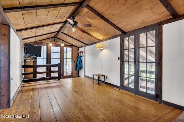 empty room featuring lofted ceiling with beams, wooden ceiling, wood-type flooring, and ceiling fan