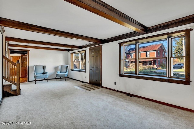 interior space with beam ceiling, carpet, and a wealth of natural light