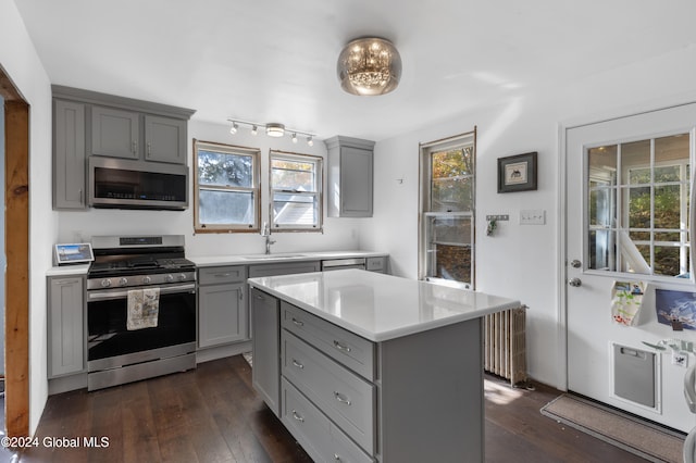 kitchen with a kitchen island, dark hardwood / wood-style floors, sink, gray cabinets, and stainless steel appliances