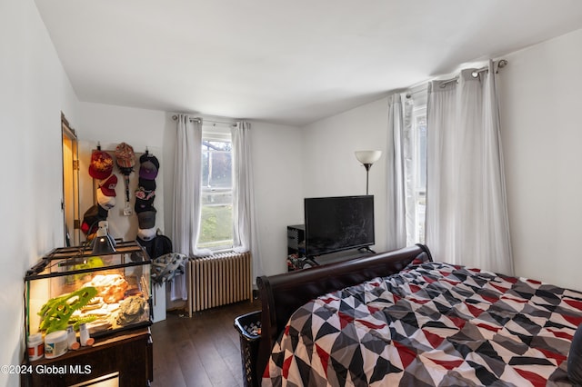 bedroom with radiator heating unit and dark wood-type flooring