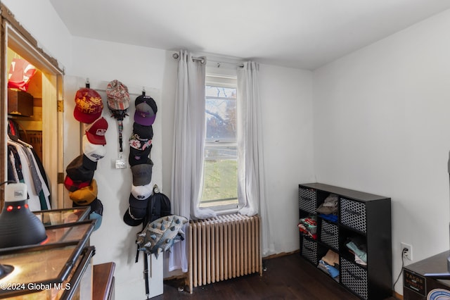 miscellaneous room with dark hardwood / wood-style floors and radiator