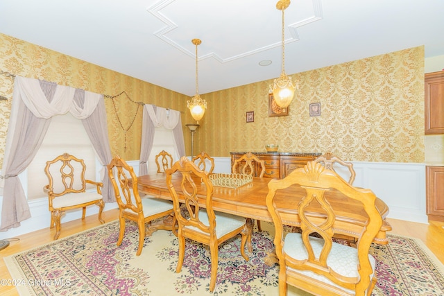 5 Teasdale Ct, Colonie, NY 12189 - dining room featuring light wood-style floors, a wainscoted wall, attic access, and wallpapered walls