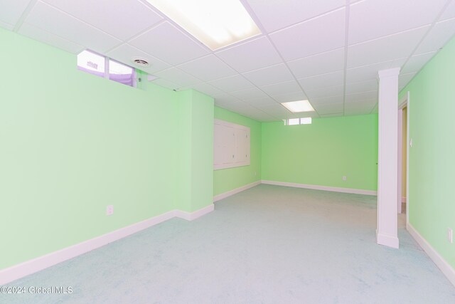 5 Teasdale Ct, Colonie, NY 12189 - basement with baseboards, light colored carpet, a drop ceiling, and visible vents