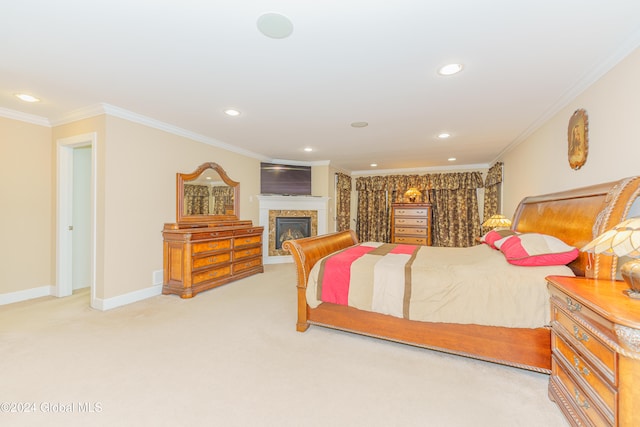 bedroom featuring ornamental molding and light carpet