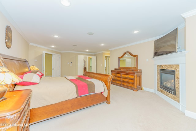 carpeted bedroom featuring ornamental molding