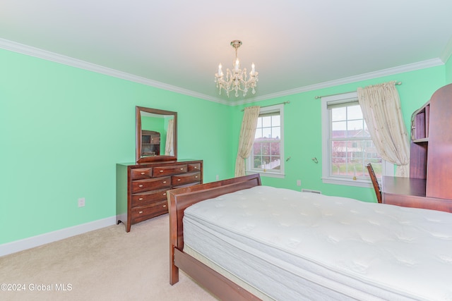 bedroom with crown molding, light colored carpet, and an inviting chandelier