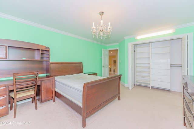 bedroom featuring a closet, light carpet, ornamental molding, and an inviting chandelier