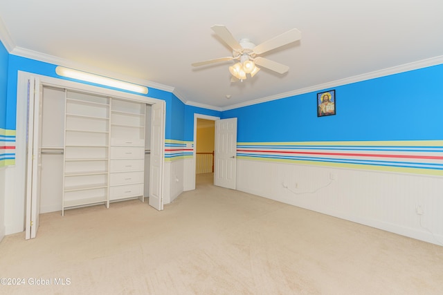 5 Teasdale Ct, Colonie, NY 12189 - unfurnished bedroom featuring ornamental molding, light carpet, a closet, and ceiling fan