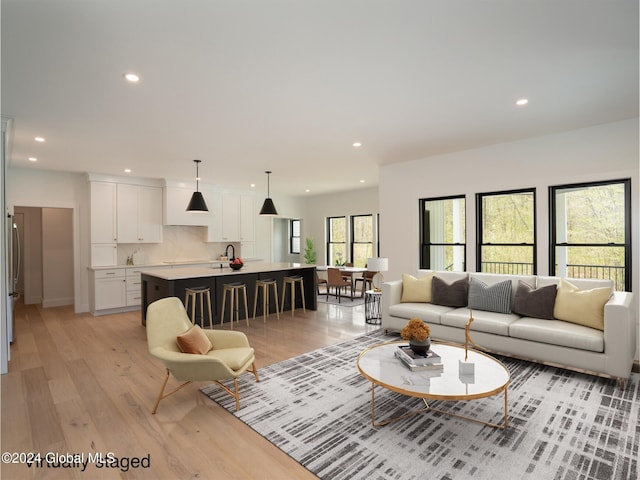 living room with sink and light hardwood / wood-style floors