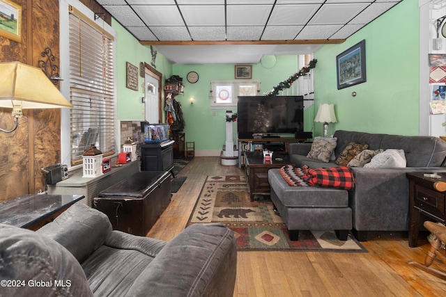 living room with a paneled ceiling, light hardwood / wood-style floors, and a wealth of natural light