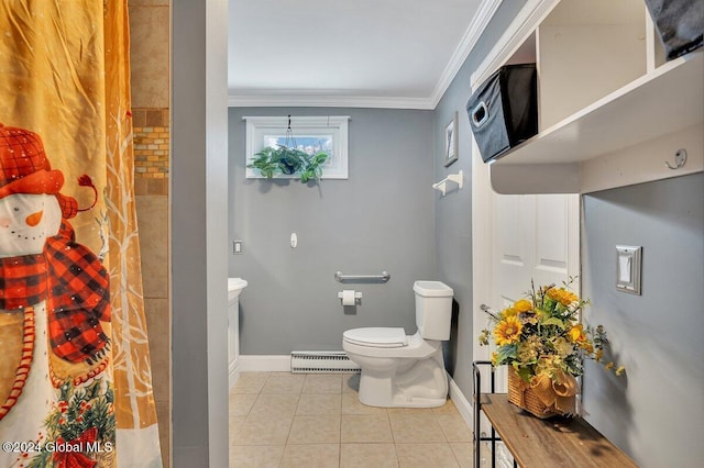 bathroom with tile patterned floors, a shower with curtain, crown molding, a baseboard heating unit, and toilet