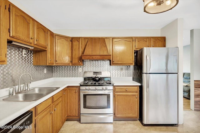 kitchen with appliances with stainless steel finishes, premium range hood, sink, and backsplash