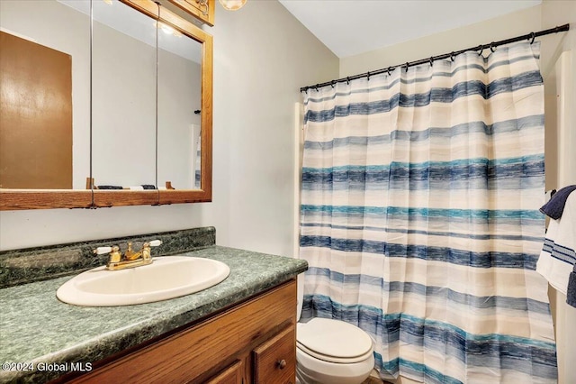 bathroom featuring vanity, toilet, and curtained shower