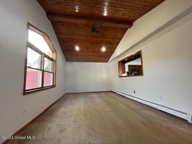 carpeted spare room with lofted ceiling, baseboard heating, wooden ceiling, and ceiling fan