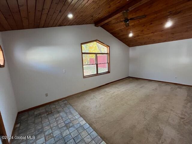 additional living space with ceiling fan, lofted ceiling with beams, wooden ceiling, and carpet floors