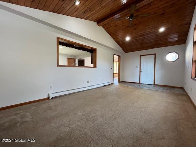 carpeted empty room featuring baseboard heating, lofted ceiling with beams, ceiling fan, and wooden ceiling