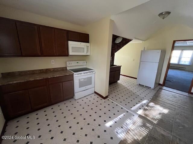 kitchen featuring white appliances, dark brown cabinetry, lofted ceiling, and baseboard heating