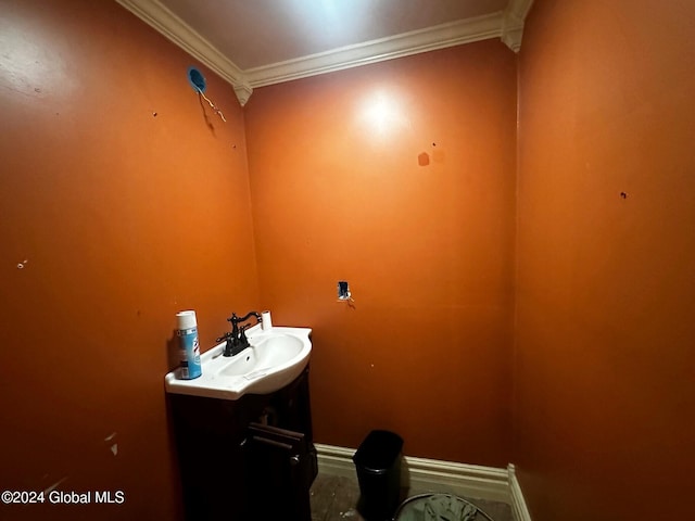 bathroom featuring ornamental molding and vanity